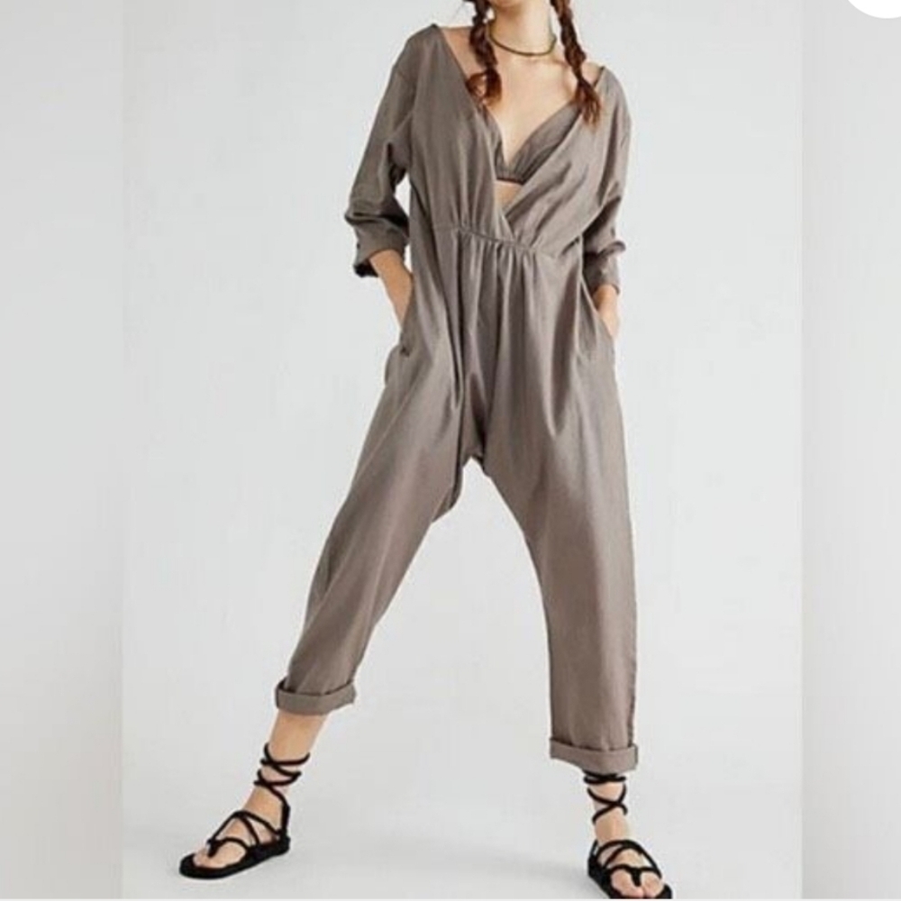 Free People Taupe V-Neck Long Sleeve Jumpsuit